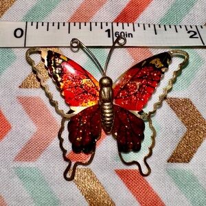 Vintage 80s Butterfly Brooch Pin Gold Tone Metal Red Black Glitter Enamel
